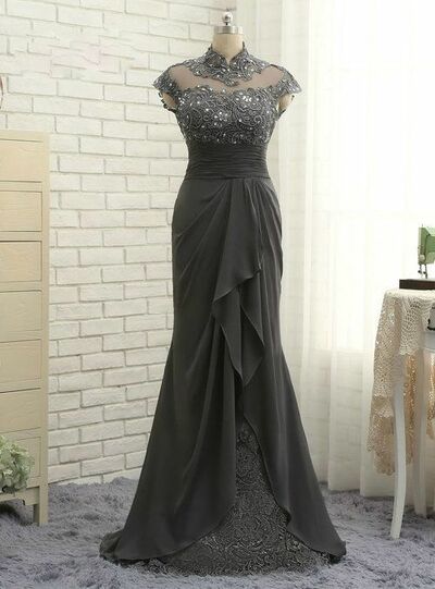 Elegant Mother of the Bride/Groom Dress Grey Lace Beading Sheath Evening Formal Prom Dress