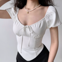 Large U-neck tie backless short-sleeved T-shirt - Thumbnail 1