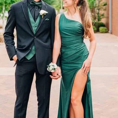 Cute one shoulder green satin long mermaid prom dress with slit ,pd230962 - Thumbnail 2