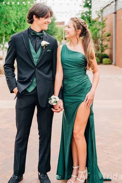 Cute One Shoulder Green Satin Long Mermaid Prom Dress with Slit ,PD230962