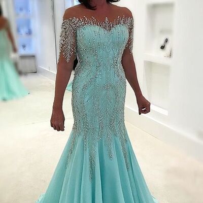 Elegant mother of the bride/groom dress blue beading crystals mermaid evening formal prom dress