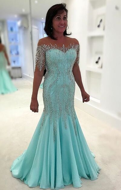 Elegant Mother of the Bride/Groom Dress Blue Beading Crystals Mermaid Evening Formal Prom Dress