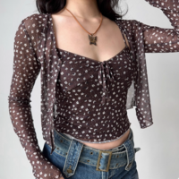 Retro floral suspender cardigan two-piece set - Thumbnail 1