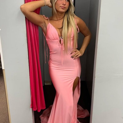 Charming v neck coral stretch satin mermaid prom dress with slit,pd230964