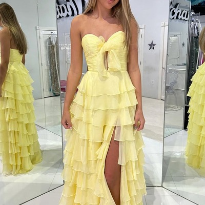 Elegant sweetheart keyhole yellow chiffon tiered a line prom dress ,pd230965