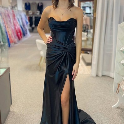 Elegant sweetheart black satin mermaid prom dress with slit ,pd230966 - Thumbnail 1