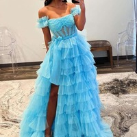 Orange Ball Gown Strapless Tulle Tiered Prom Dresses with Slit ,PD230968 - Thumbnail 2