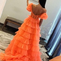 Orange Ball Gown Strapless Tulle Tiered Prom Dresses with Slit ,PD230968 - Thumbnail 1