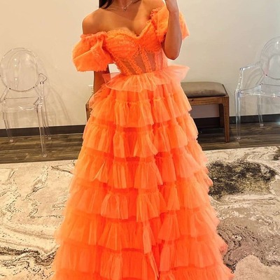 Orange ball gown strapless tulle tiered prom dresses with slit ,pd230968