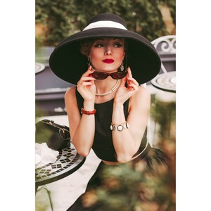 Holly -the Ultra Glamorous Oversized Wool Hat with 100% White Chiffon Silk Scarf - Thumbnail 4