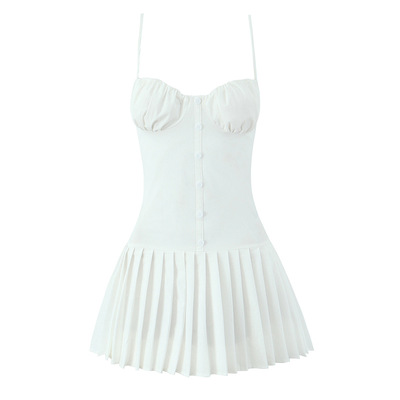 Sexy one-breasted suspender skirt with pleated stitching - Thumbnail 4