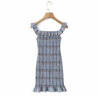 Retro style ruffled one-shoulder pleated slim-fit plaid hip dress - Thumbnail 7