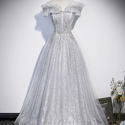 Gray tulle sequins long prom evening dress - Thumbnail 1