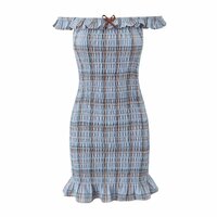 Retro style ruffled one-shoulder pleated slim-fit plaid hip dress - Thumbnail 6