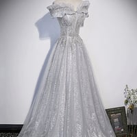 Gray Tulle Sequins Long Prom Evening Dress - Thumbnail 1