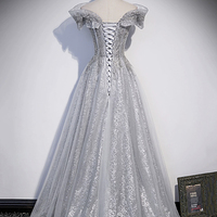 Gray Tulle Sequins Long Prom Evening Dress - Thumbnail 2