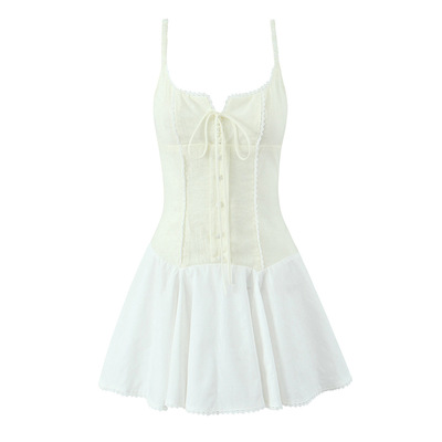 Contrast color stitching lace lace suspender dress - Thumbnail 5