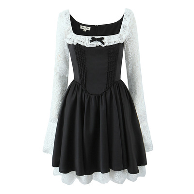 Ballet style retro lace stitching bow satin waist dress - Thumbnail 5