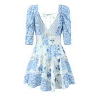 Retro blue and white porcelain floral lace patchwork V-neck waist short-sleeved dress - Thumbnail 3