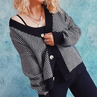 V-neck stripe button knit sweater cardigan