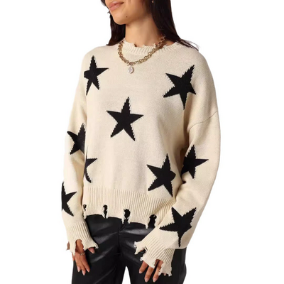 Star jacquard pattern round neck long sleeve loose sweater knit sweater - Thumbnail 1