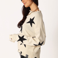 Star jacquard pattern round neck long sleeve loose sweater knit sweater - Thumbnail 8