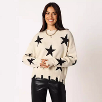Star jacquard pattern round neck long sleeve loose sweater knit sweater - Thumbnail 9