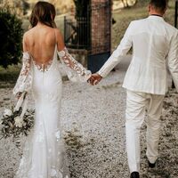 Sheath Wedding Dress with Lace Long Sleeves, Open Back Satin Wedding Gown Bridal Dress - Thumbnail 2