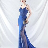 Women's Elegant Mermaid Soft Satin Lace Blue Evening Dress - Thumbnail 3