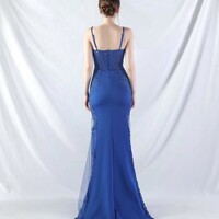Women's Elegant Mermaid Soft Satin Lace Blue Evening Dress - Thumbnail 4