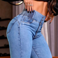 Tight High Waisted Button Elastic Denim Pants - Thumbnail 2