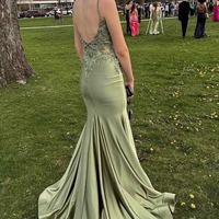 Charming V Neck Sage Green Satin Mermaid Prom Dress with Applqiues,PD230974 - Thumbnail 1