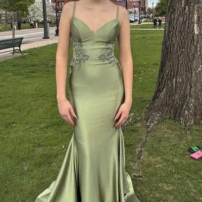 Charming v neck sage green satin mermaid prom dress with applqiues,pd230974