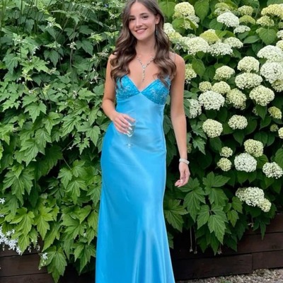 V neck blue satin a line prom dresses with beading ,pd230977