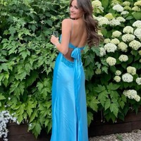 V Neck Blue Satin A Line Prom Dresses with Beading ,PD230977 - Thumbnail 1