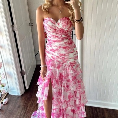 Sweetheart floral printed chiffon tiered prom dresses with slit,pd230978 - Thumbnail 2