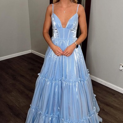 Cute v neck glitter organza satin a line prom dress,pd230981