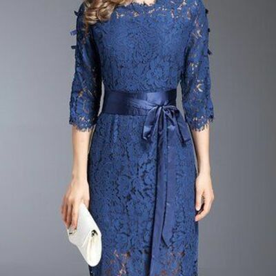 Elegant mother of the bride/groom dress royal blue tea-length evening formal prom dress