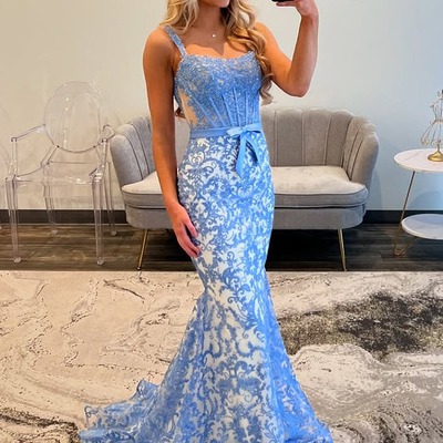 Gorgeous scoop neck blue lace mermaid prom dress,pd230983