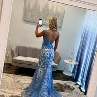 Gorgeous Scoop Neck Blue Lace Mermaid Prom Dress,PD230983 - Thumbnail 1