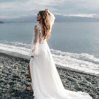Sexy Sheath Sheer Bodice Wedding Dress, Open Back Appliques Tulle Wedding Gown Bridal Dress - Thumbnail 1