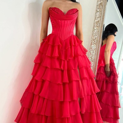Cute sweetheart red chiffon tiered a line long prom dresses with slit,pd230984