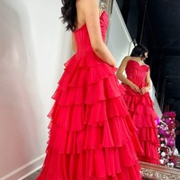 Cute Sweetheart Red Chiffon Tiered A Line Long Prom Dresses with Slit,PD230984 - Thumbnail 1