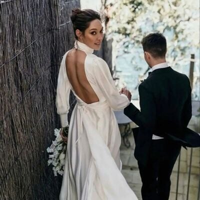 A-line high neck wedding dress, backless satin wedding gown bridal dress