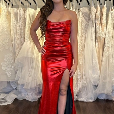 Cute strapless red metallic satin long mermaid prom dresses with slit,pd230985 - Thumbnail 2