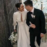 A-line High Neck Wedding Dress, Backless Satin Wedding Gown Bridal Dress - Thumbnail 1
