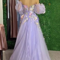 Lavender A Line V Neck Long Dresses with Flower Appliques,PD230986 - Thumbnail 1