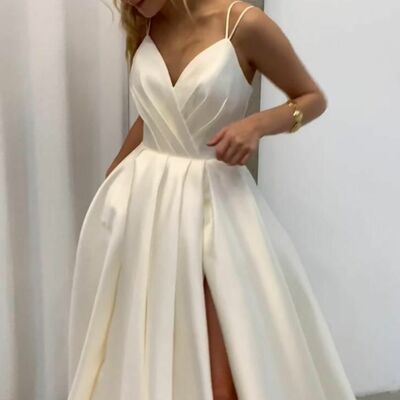 A-line v-neck wedding dress, satin wedding gown bridal dress - Thumbnail 2