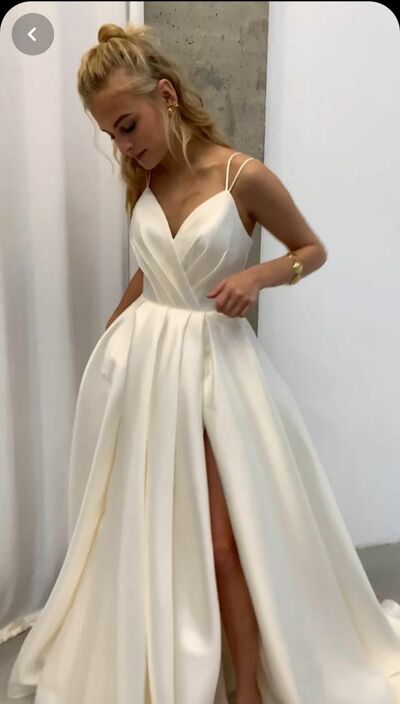 A-line V-neck Wedding Dress, Satin Wedding Gown Bridal Dress