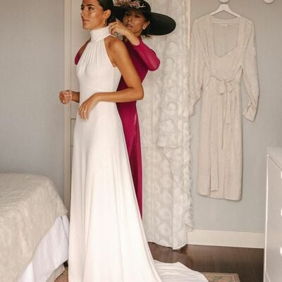 Simple sheath high neck wedding dress, satin wedding gown bridal dress